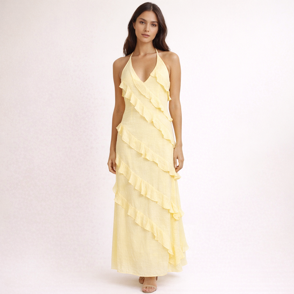 Fawnbury | Women’s Ruffle Trim Halter Maxi Dress