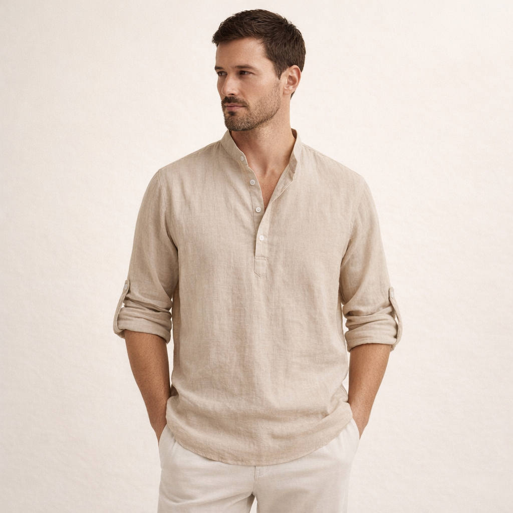 Fawnbury | Men’s Linen Stand Collar Roll-Up Shirt
